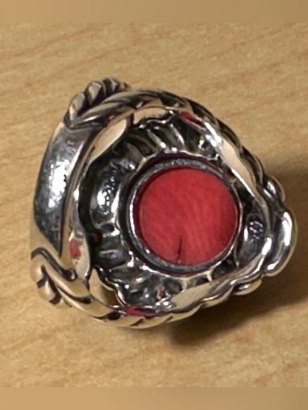 American West Silver-Tone Ring with Red coral Center - size 6-6.5